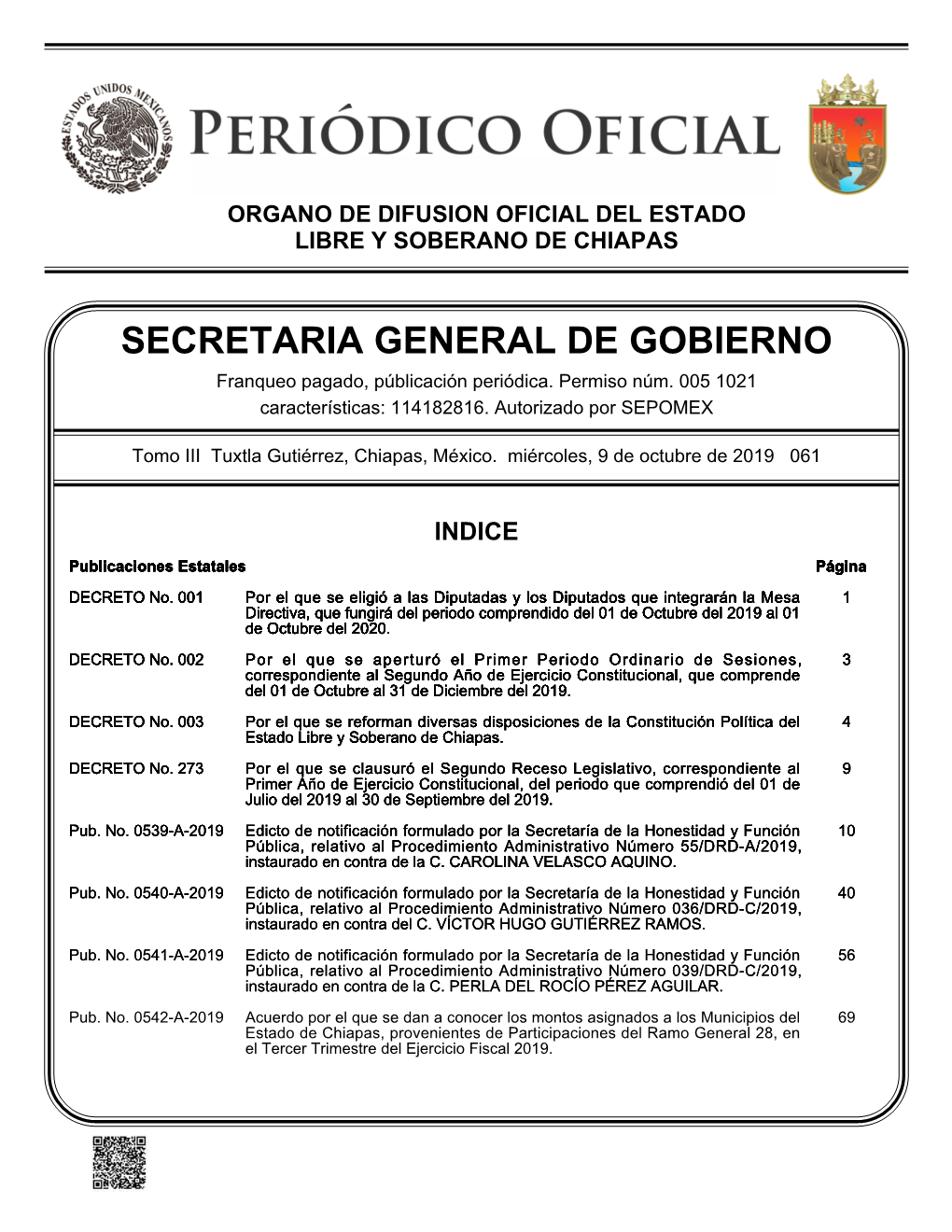 SECRETARIA GENERAL DE GOBIERNO Franqueo Pagado, Públicación Periódica