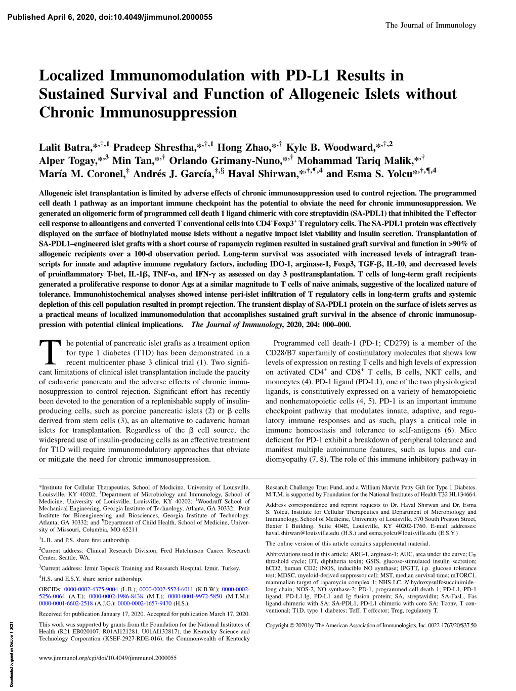 Localized Immunomodulation with PD-L1 Results in Sustained Survival and Function of Allogeneic Islets Without Chronic Immunosuppression