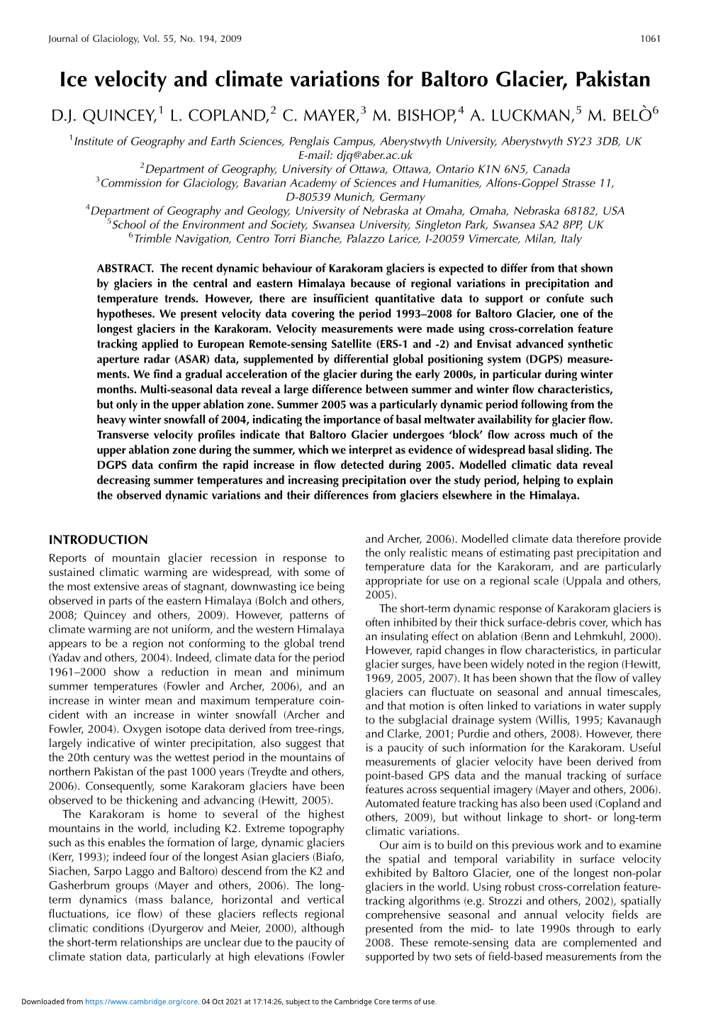 Ice Velocity and Climate Variations for Baltoro Glacier, Pakistan