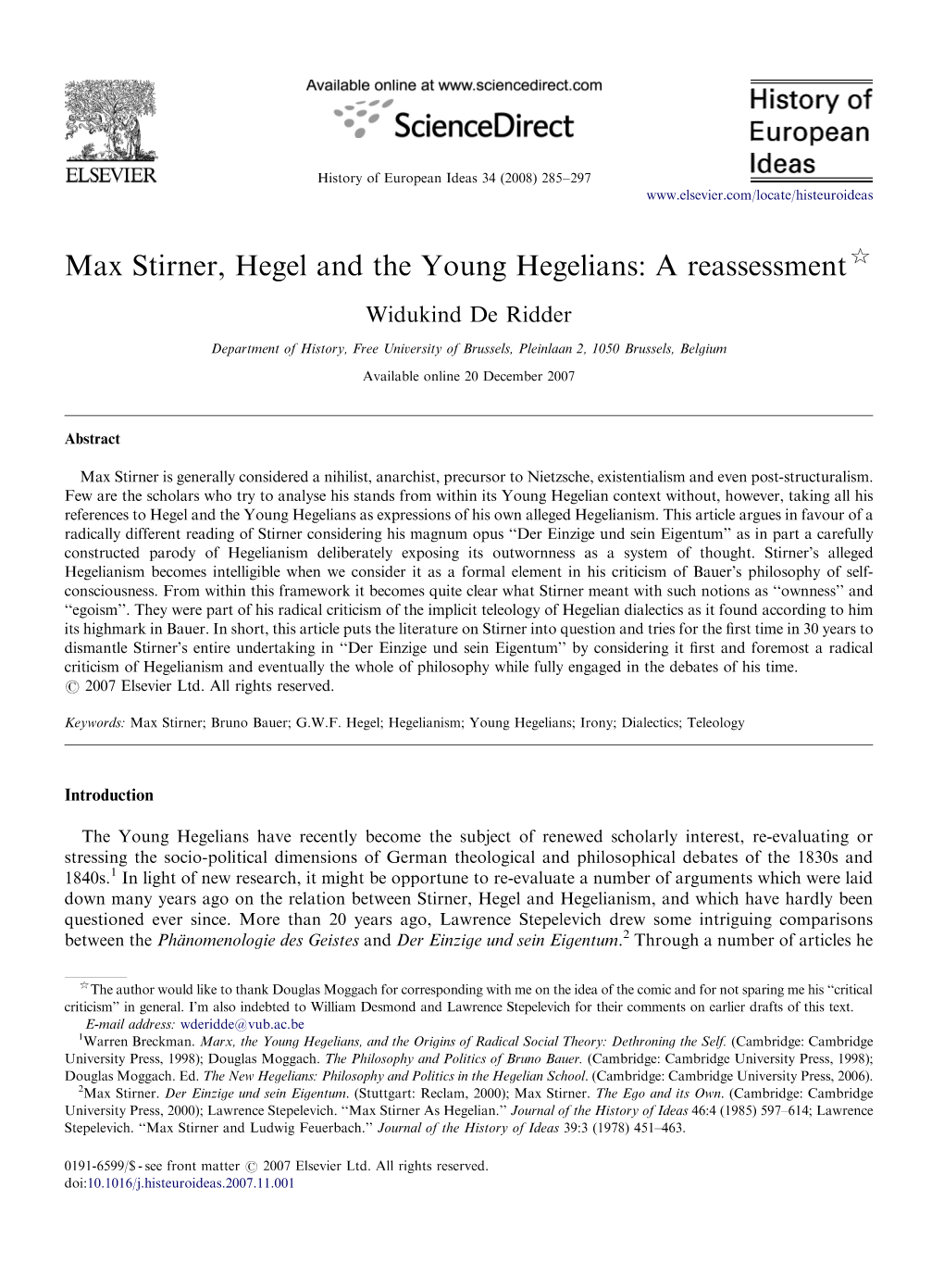 Max Stirner, Hegel and the Young Hegelians: a Reassessment$
