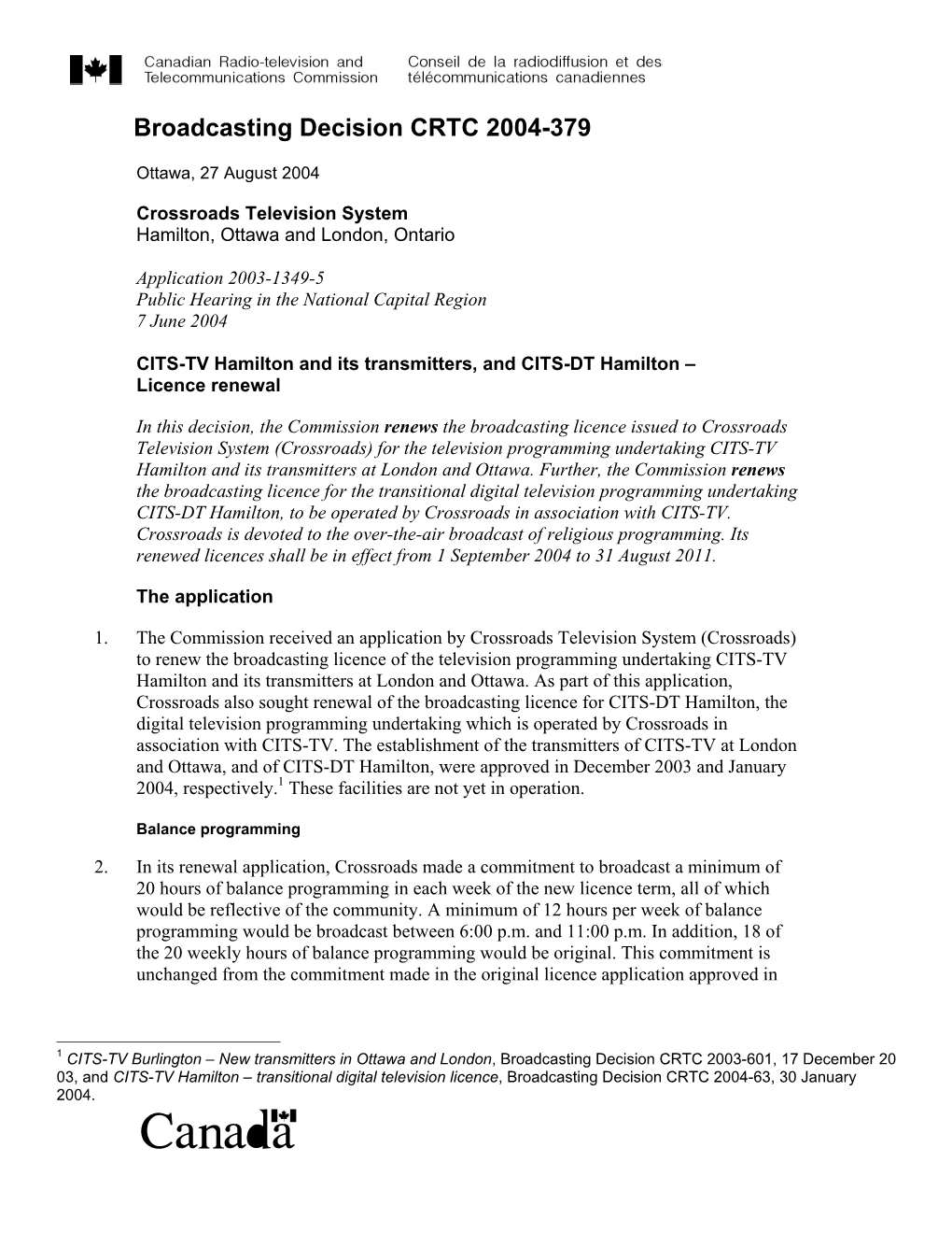 Broadcasting Decision CRTC 2004-379