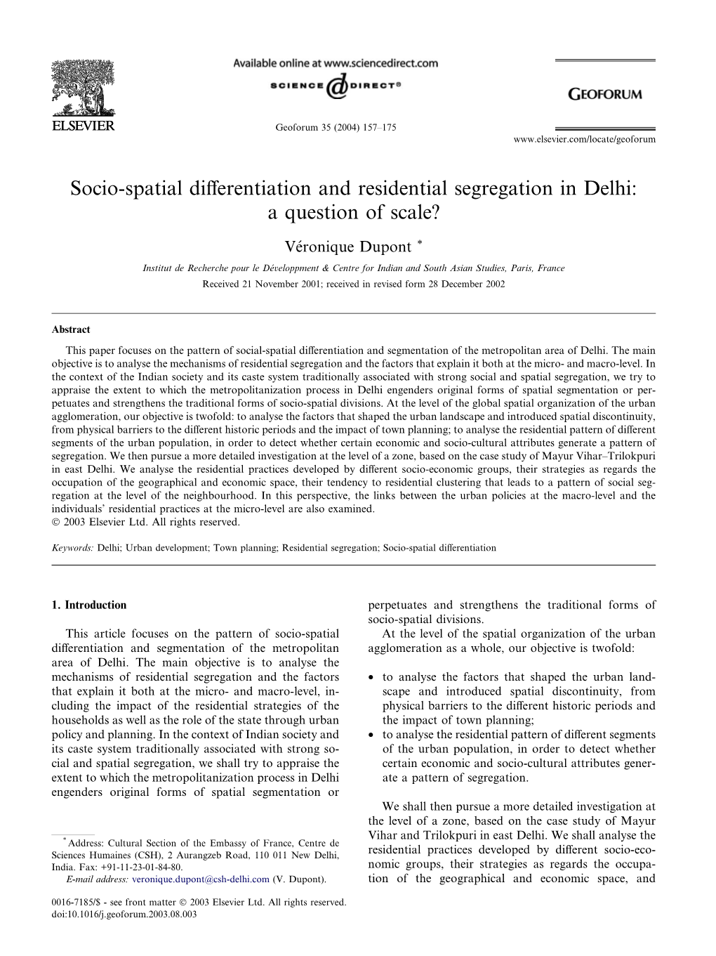 Socio-Spatial Differentiation and Residential Segregation in Delhi: a Question of Scale?