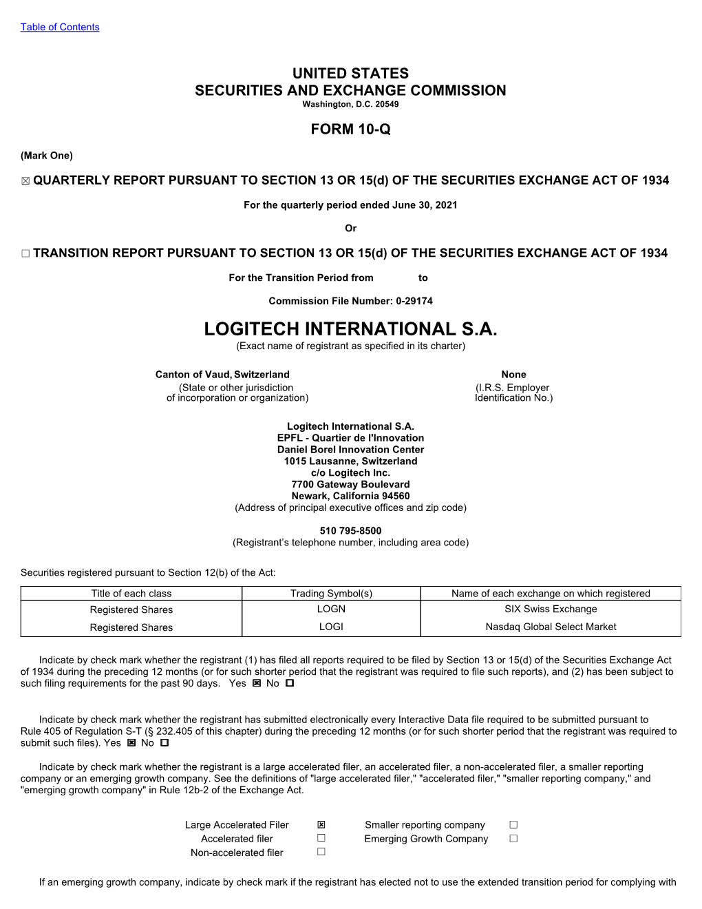 LOGITECH INTERNATIONAL S.A. (Exact Name of Registrant As Specified in Its Charter)