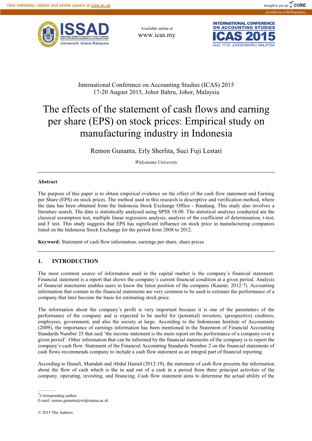 The Effects of the Statement of Cash Flows and Earning Per Share (EPS) on Stock Prices: Empirical Study on Manufacturing Industry in Indonesia