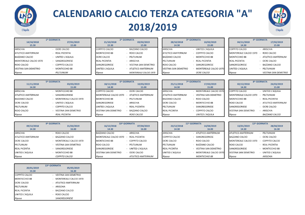 Calendario Calcio Terza Categoria 