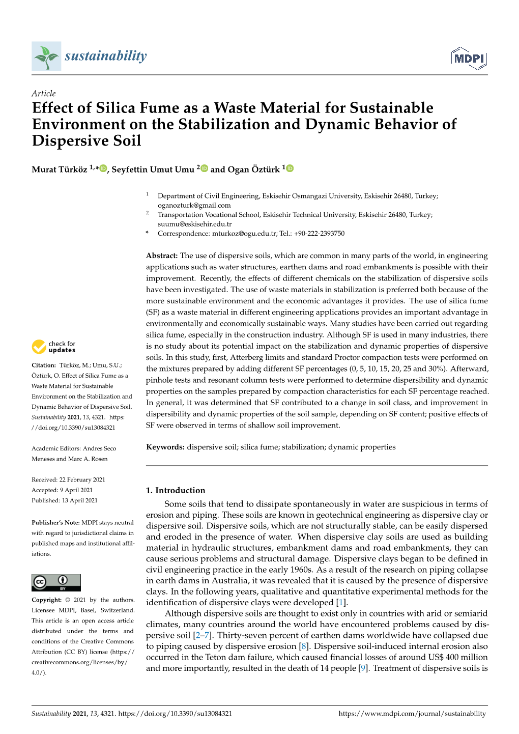 Effect of Silica Fume As a Waste Material for Sustainable Environment on the Stabilization and Dynamic Behavior of Dispersive Soil