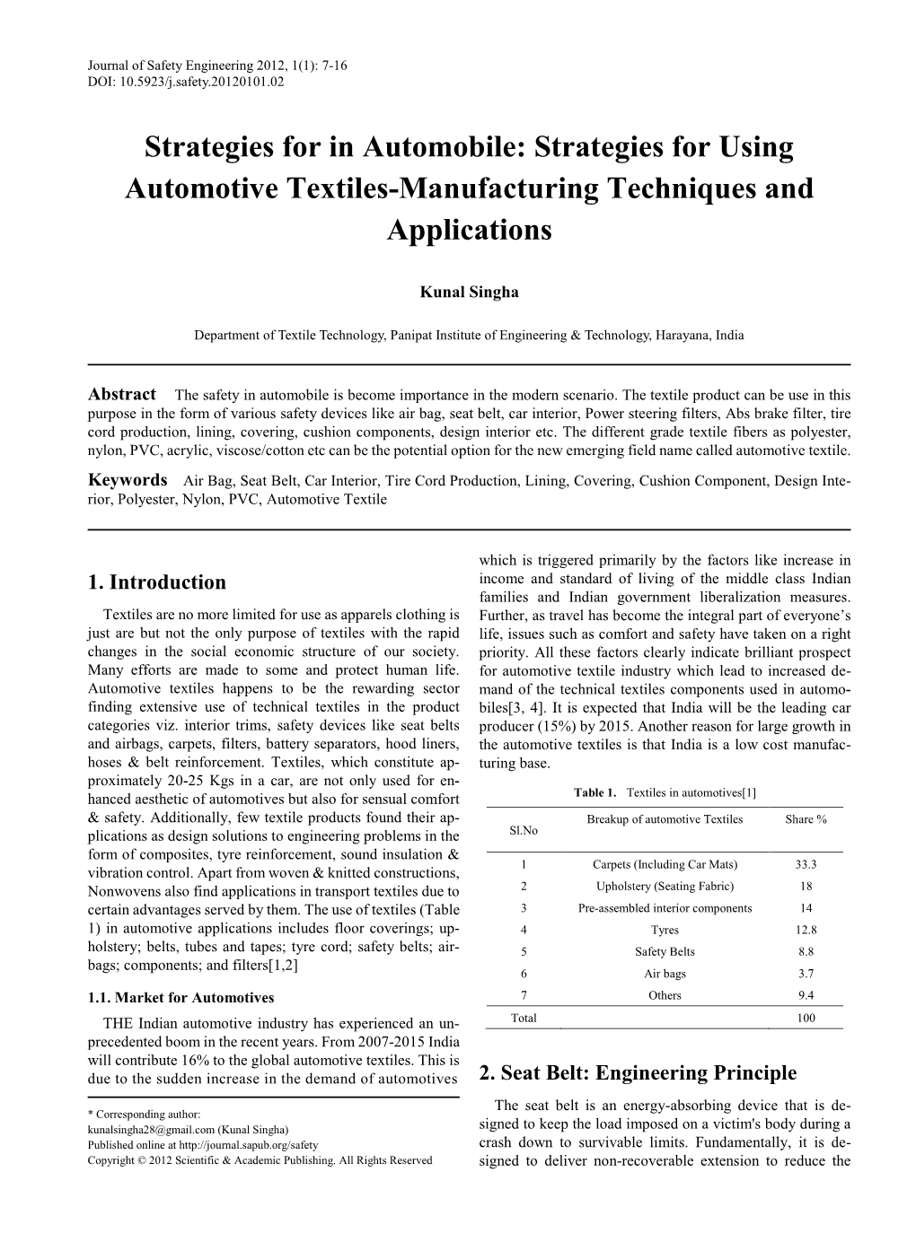 Strategies for Using Automotive Textiles-Manufacturing Techniques and Applications