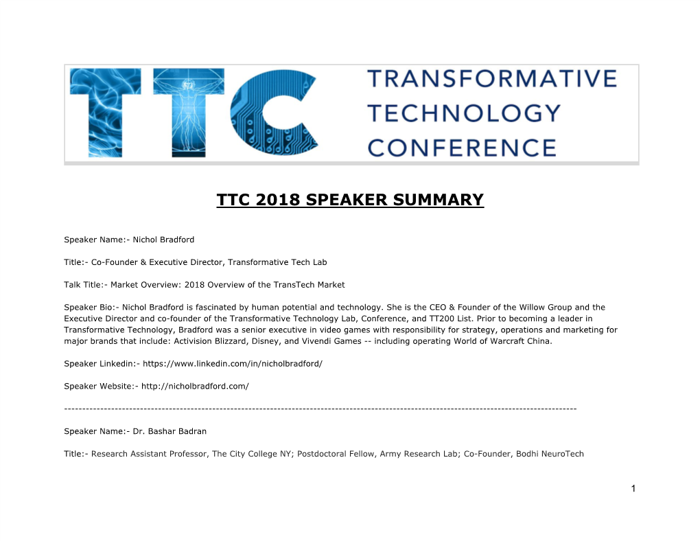 Ttc 2018 Speaker Summary