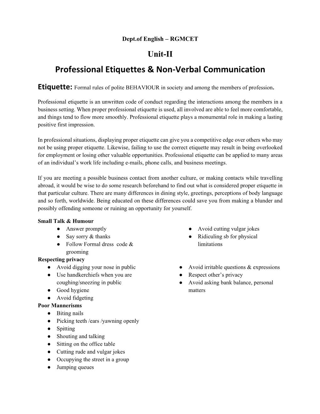 Professional Etiquettes & Non-Verbal Communication