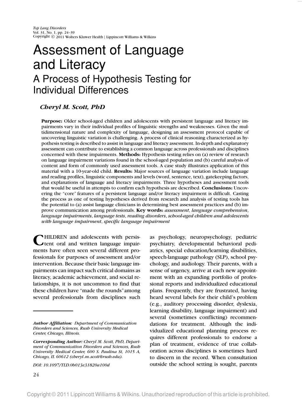 Assessment of Language and Literacy a Process of Hypothesis Testing for Individual Differences