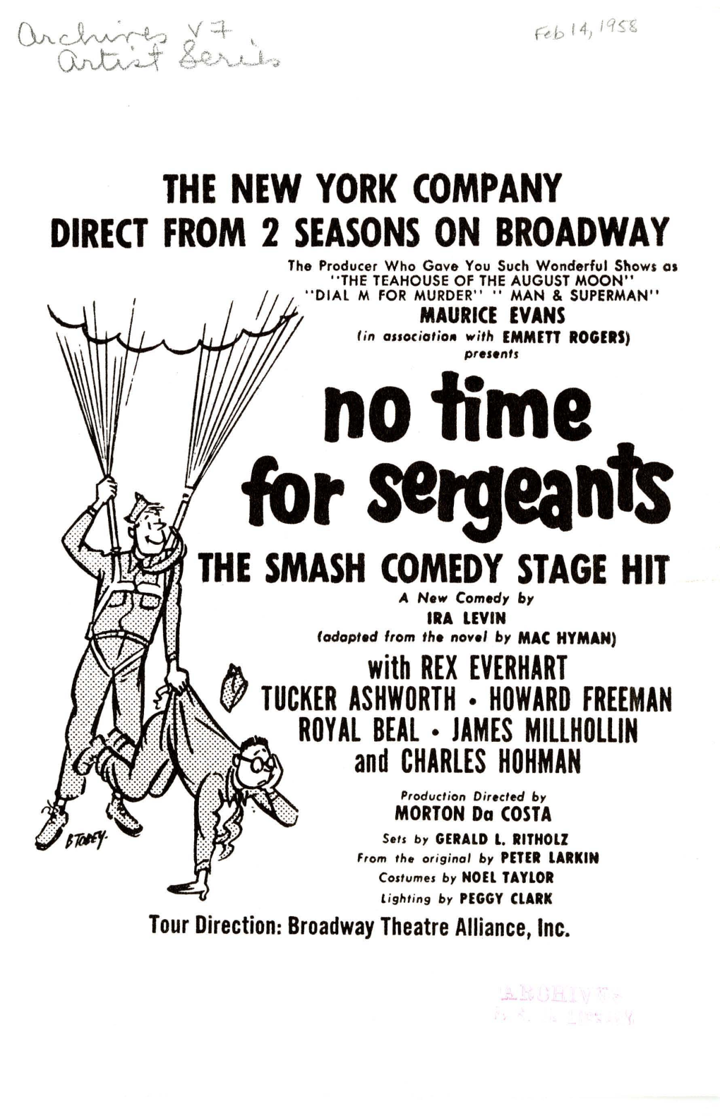 No Time for Sergeants the SMASH COMEDY STAGE HIT a N.W Comedy by IRA LEVIN Lodopt.D ',Om Th