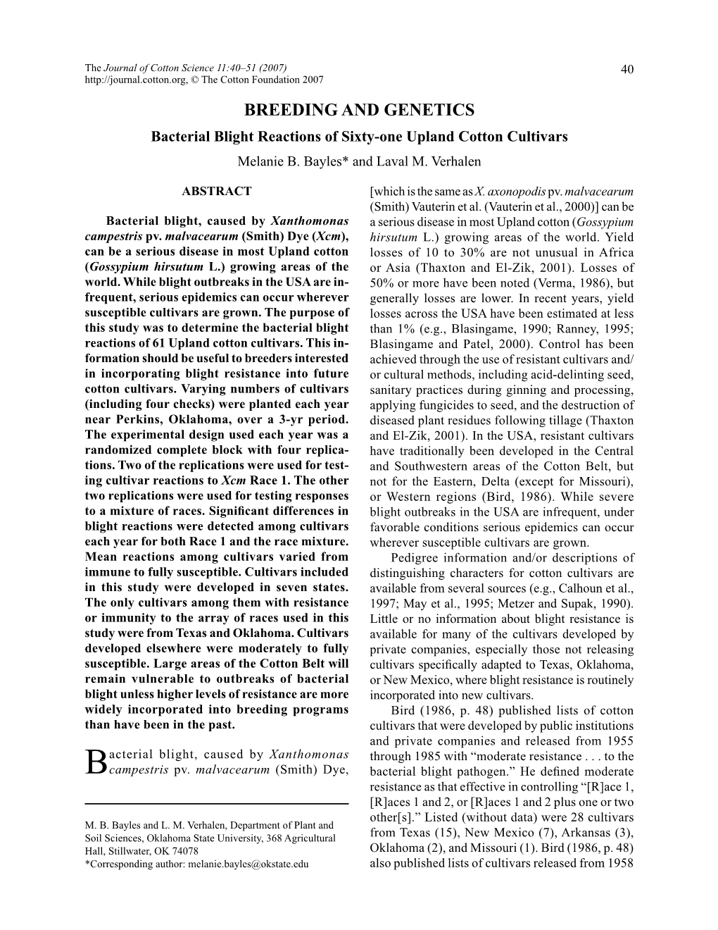 Bacterial Blight Reactions of Sixty-One Upland Cotton Cultivars Melanie B