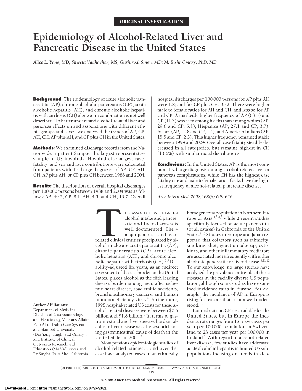 Epidemiology of Alcohol-Related Liver and Pancreatic Disease in the United States