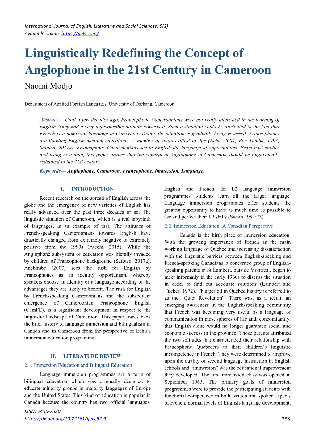 Linguistically Redefining the Concept of Anglophone in the 21St Century in Cameroon Naomi Modjo