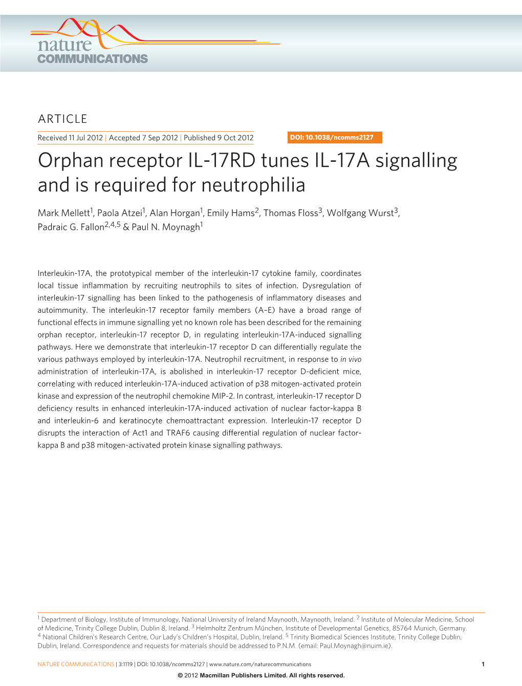 Orphan Receptor IL-17RD Tunes IL-17A Signalling and Is Required for Neutrophilia