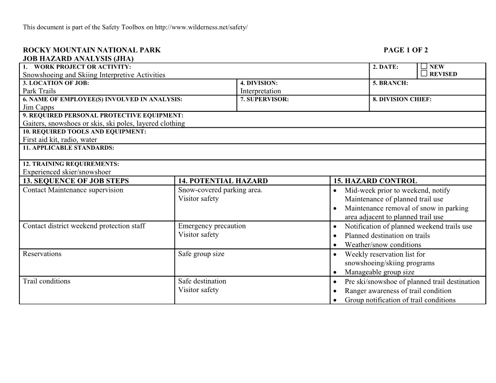 Job Hazard Analysis - Snowshoeing and Skiing Activities