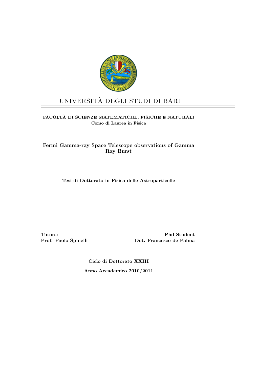 Universit`A Degli Studi Di Bari