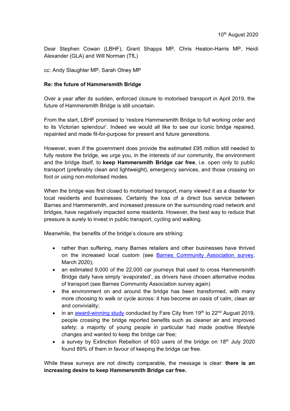 Hammersmith Bridge Open Letter (August 2020)