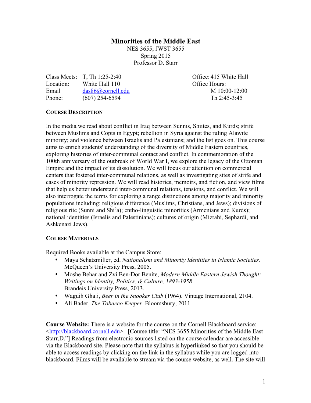 Minorities of the Middle East NES 3655; JWST 3655 Spring 2015 Professor D