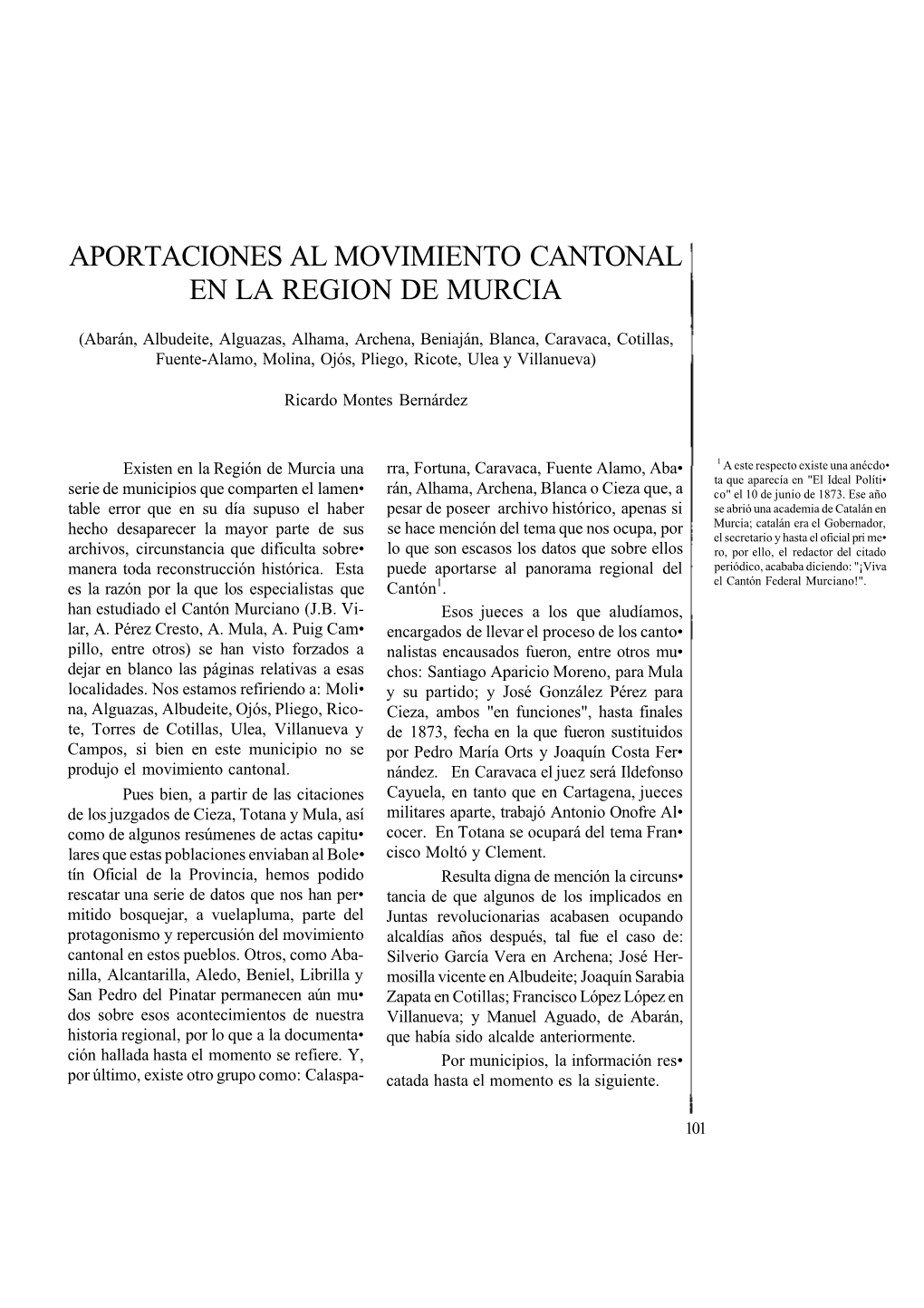 Aportaciones Al Movimiento Cantonal En La Region De Murcia