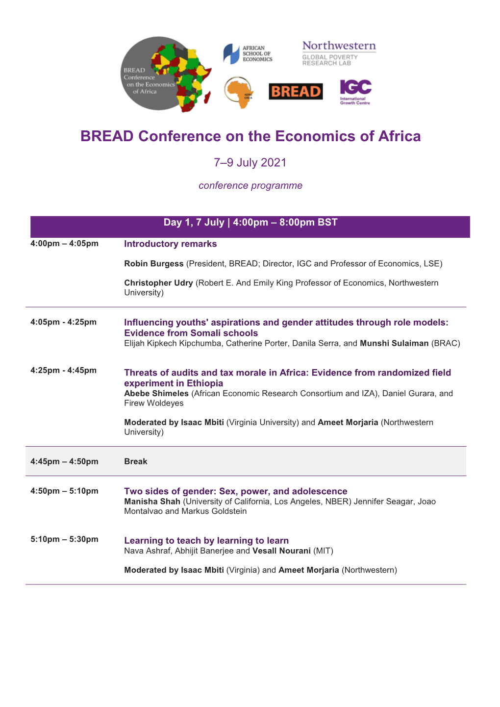 BREAD Conference on the Economics of Africa 7–9 July 2021