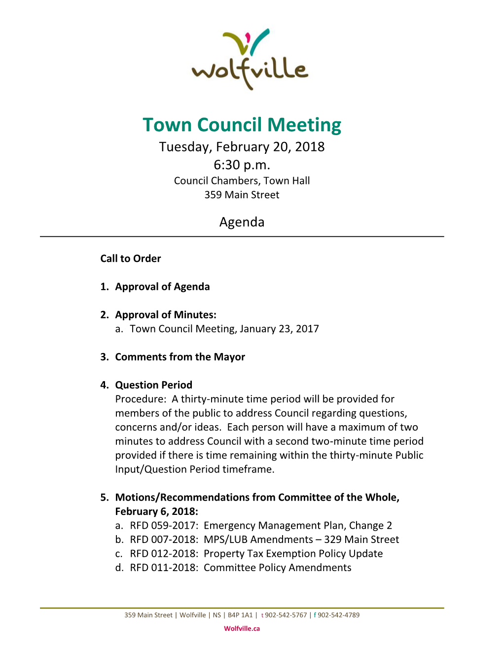 Town Council Meeting Tuesday, February 20, 2018 6:30 P.M