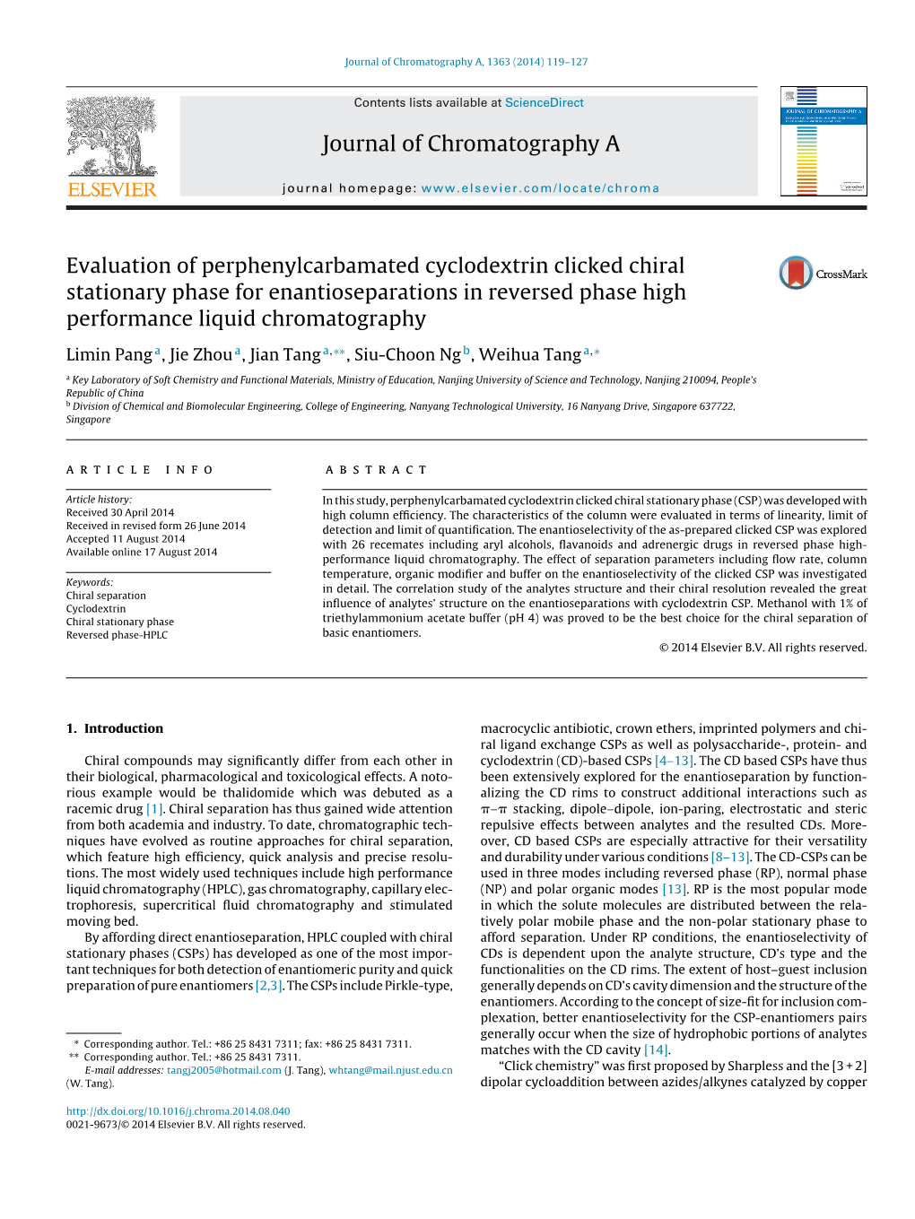 Evaluation of Perphenylcarbamated Cyclodextrin Clicked Chiral Stationary