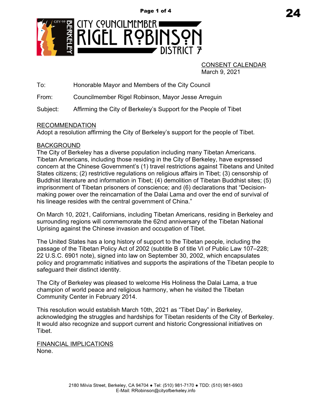 Affirming the City of Berkeley's Support for the People of Tibet