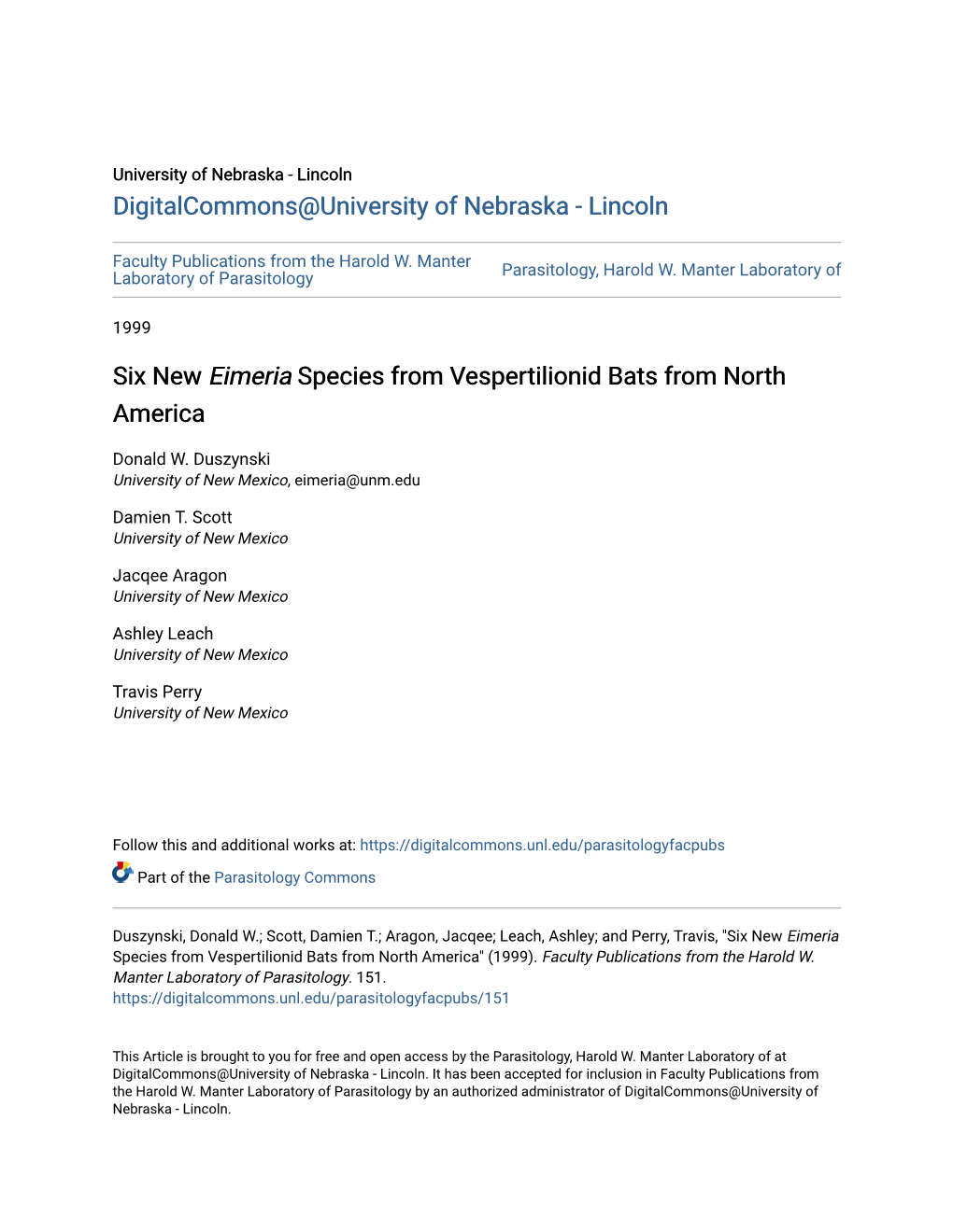 Six New Eimeria Species from Vespertilionid Bats from North America