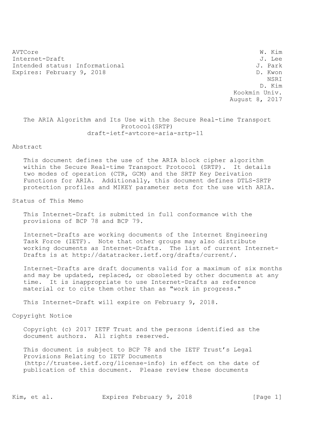 Avtcore W. Kim Internet-Draft J. Lee Intended Status: Informational J