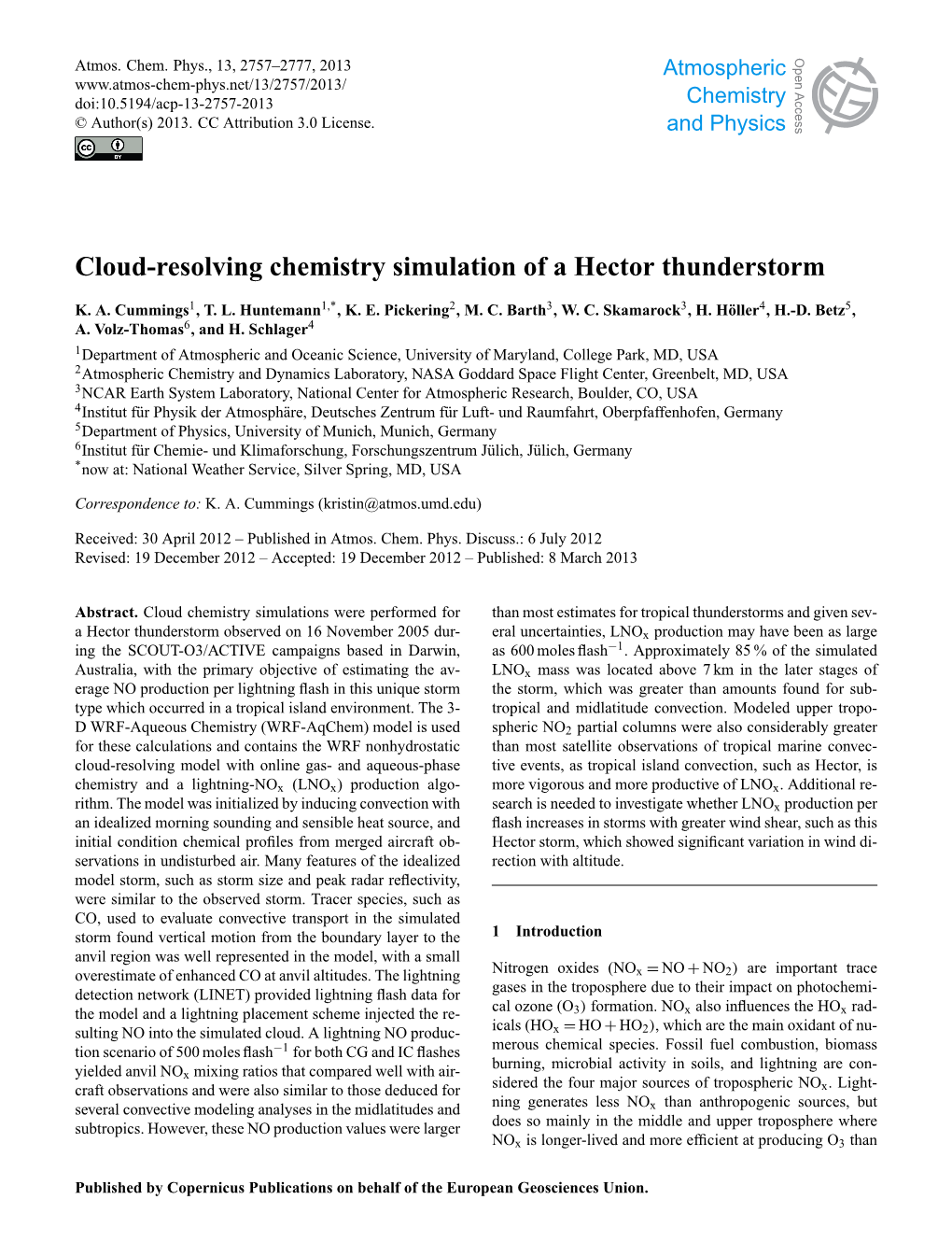 Cloud-Resolving Chemistry Simulation of a Hector Thunderstorm Open Access