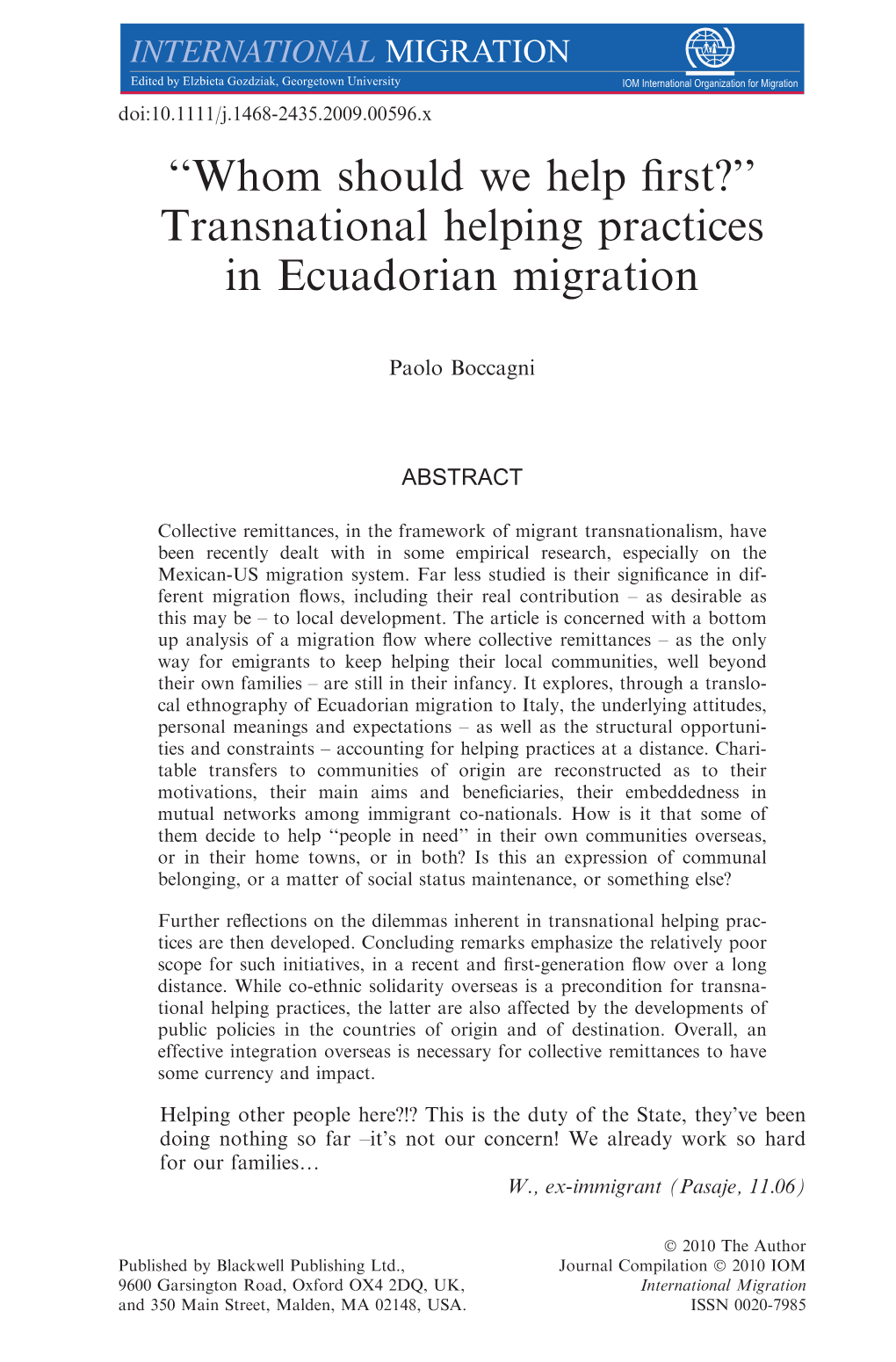 Transnational Helping Practices in Ecuadorian Migration