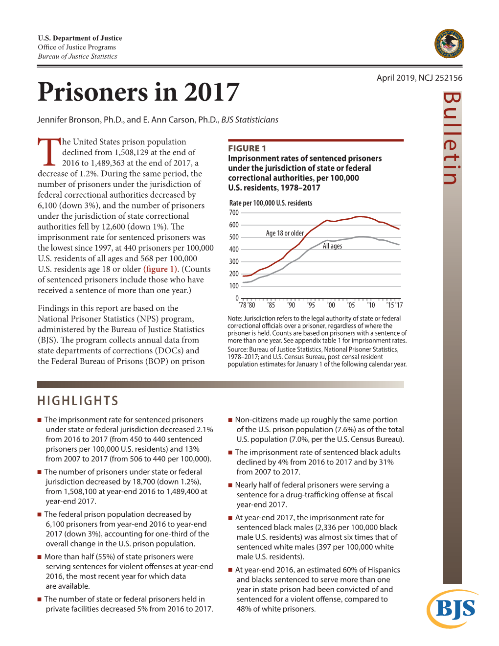 Prisoners in 2017 Bulletin Jennifer Bronson, Ph.D., and E