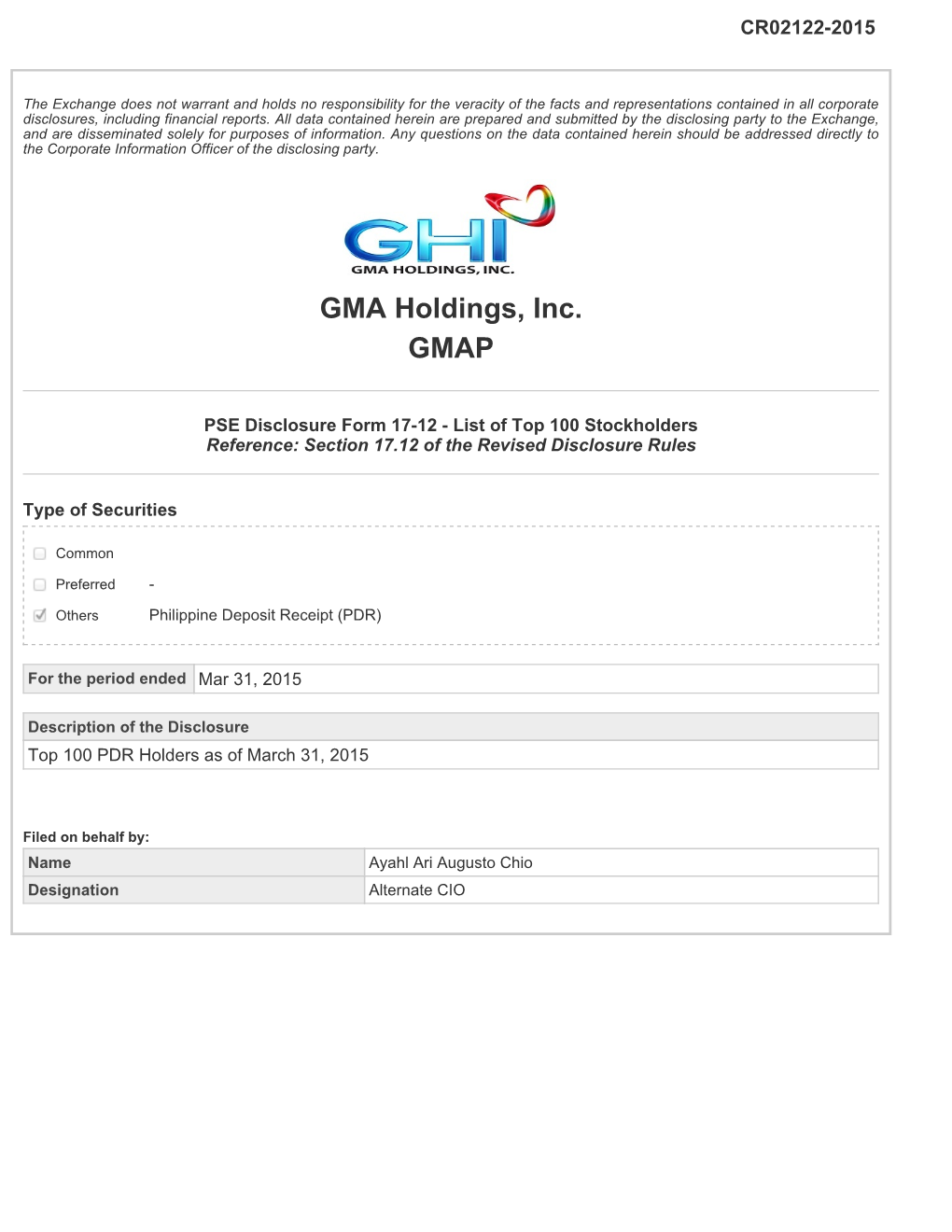 GMA Holdings, Inc. GMAP