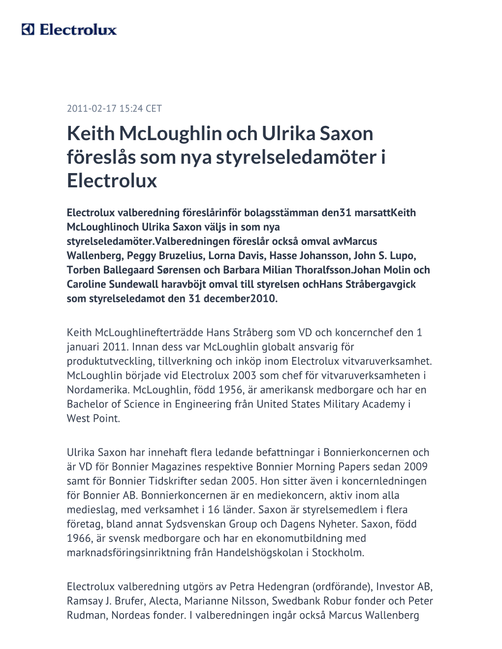 Keith Mcloughlin Och Ulrika Saxon Föreslås Som Nya Styrelseledamöter I Electrolux