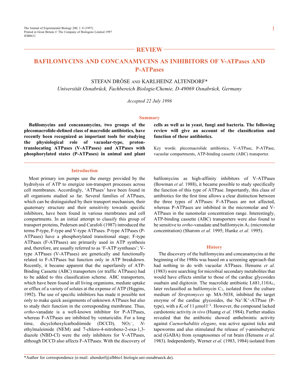 REVIEW BAFILOMYCINS and CONCANAMYCINS AS INHIBITORS of V-Atpases and P-Atpases