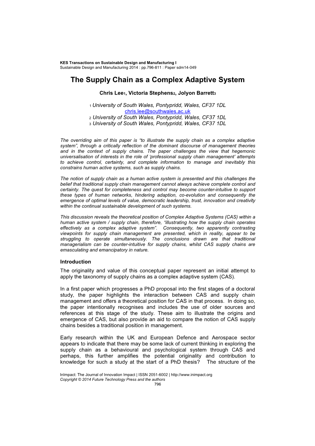 The Supply Chain As a Complex Adaptive System