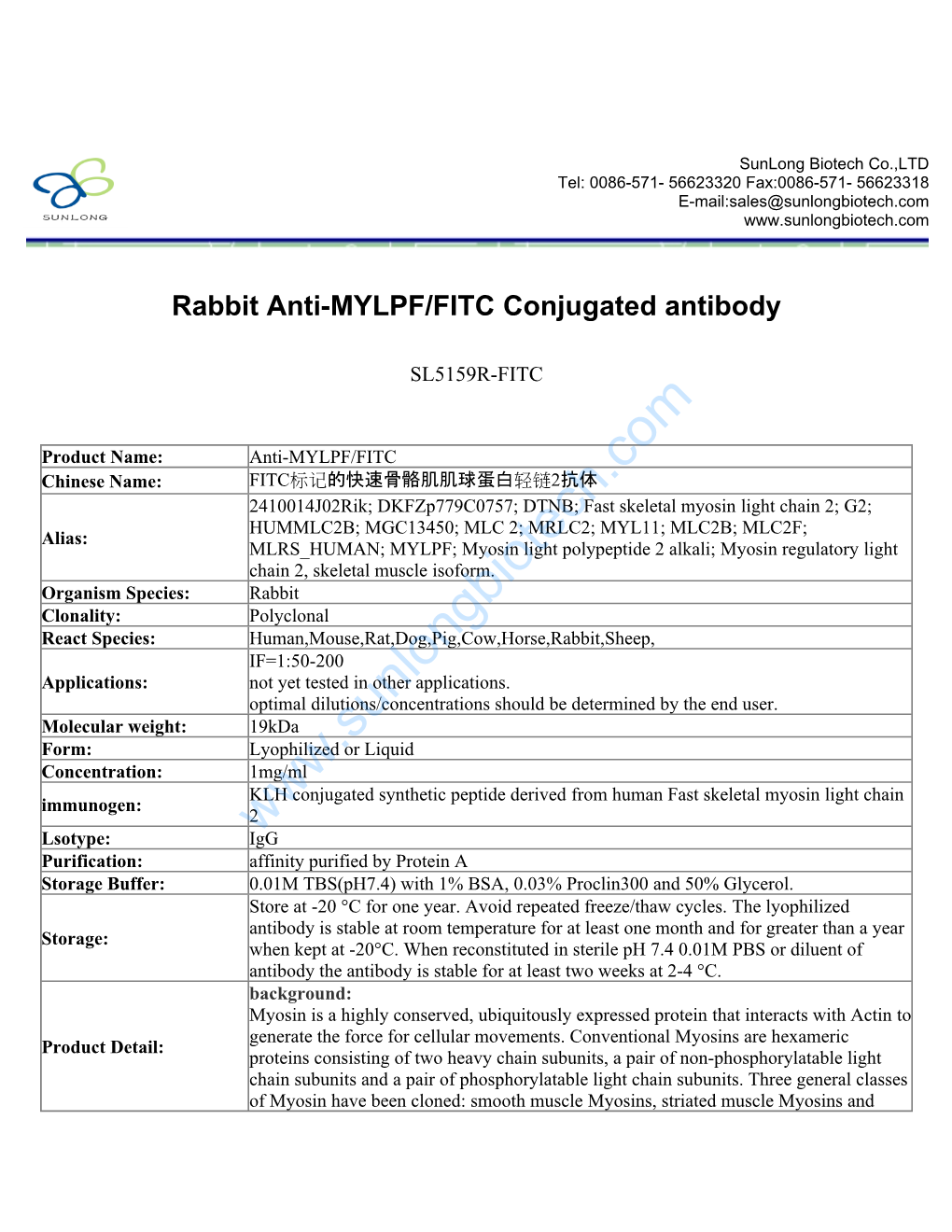 Rabbit Anti-MYLPF/FITC Conjugated Antibody
