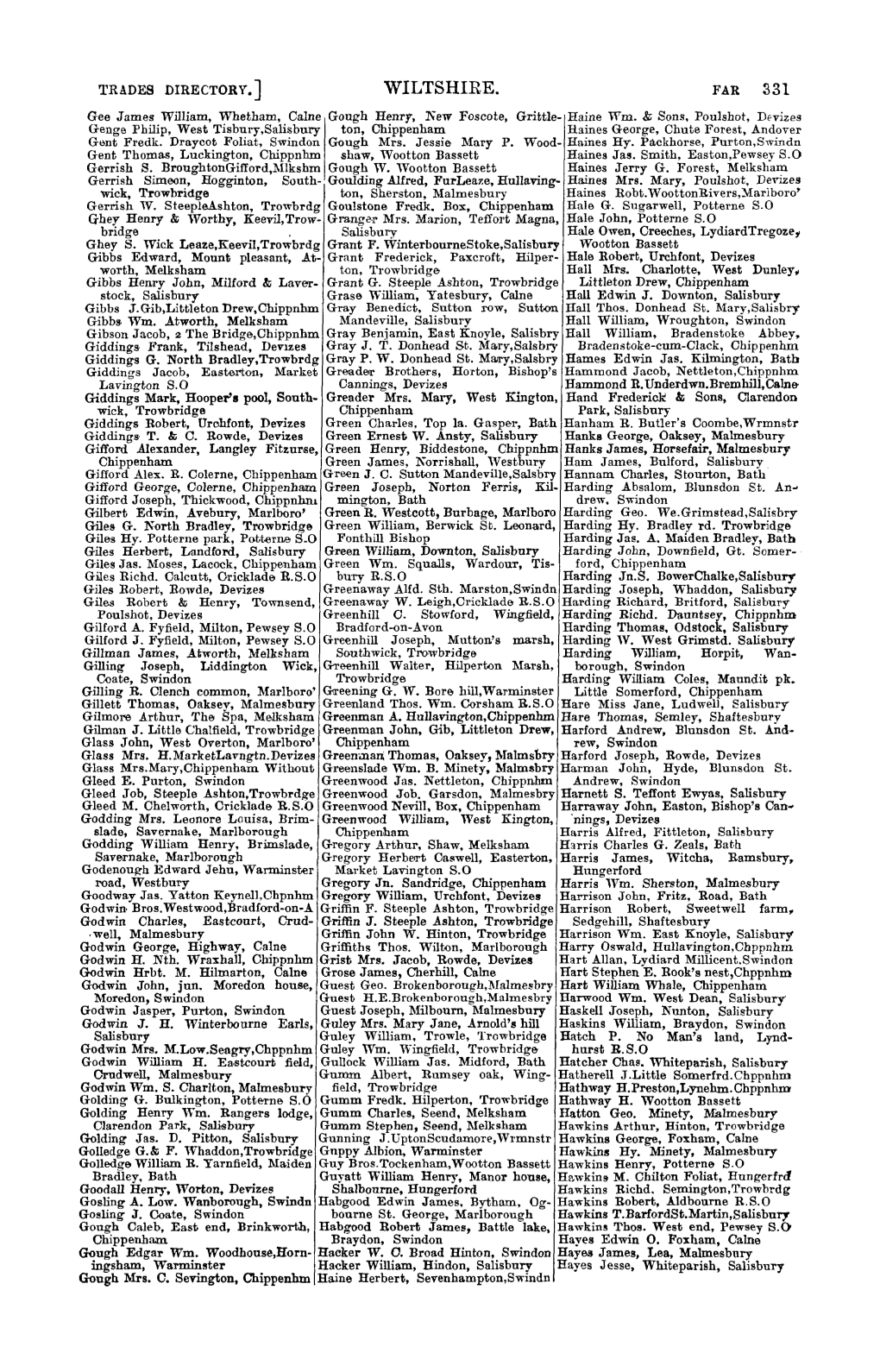 WILTSHIRE. FAR 331 Gee James Wiliiam, Whetham, Caine Gough Henry, :Kew Foscote, Grittle- Haine Wm