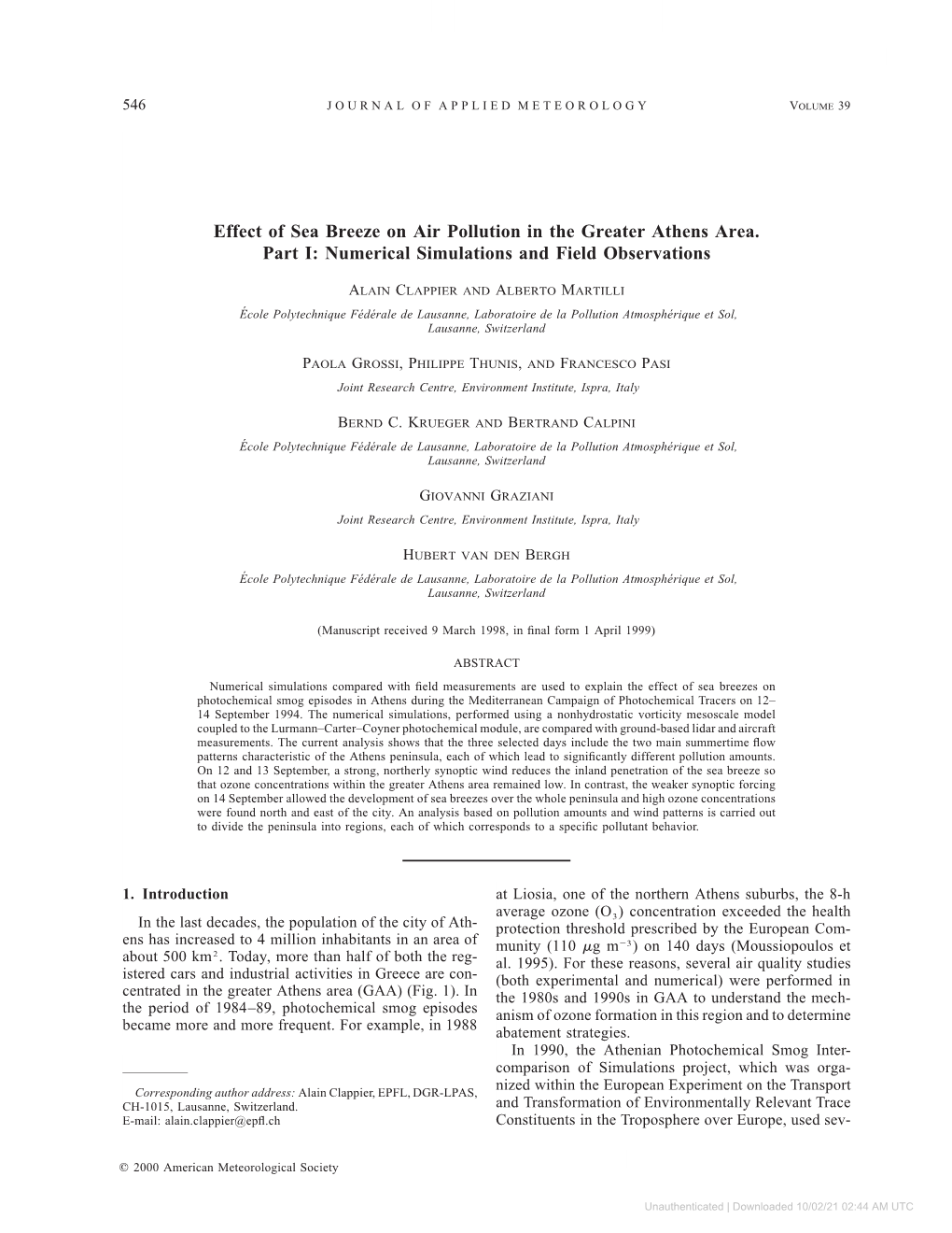 Effect of Sea Breeze on Air Pollution in the Greater Athens Area. Part I: Numerical Simulations and Field Observations