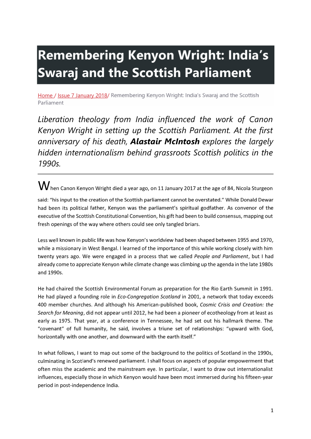 Remembering Kenyon Wright: India's Swaraj and the Scottish Parliament