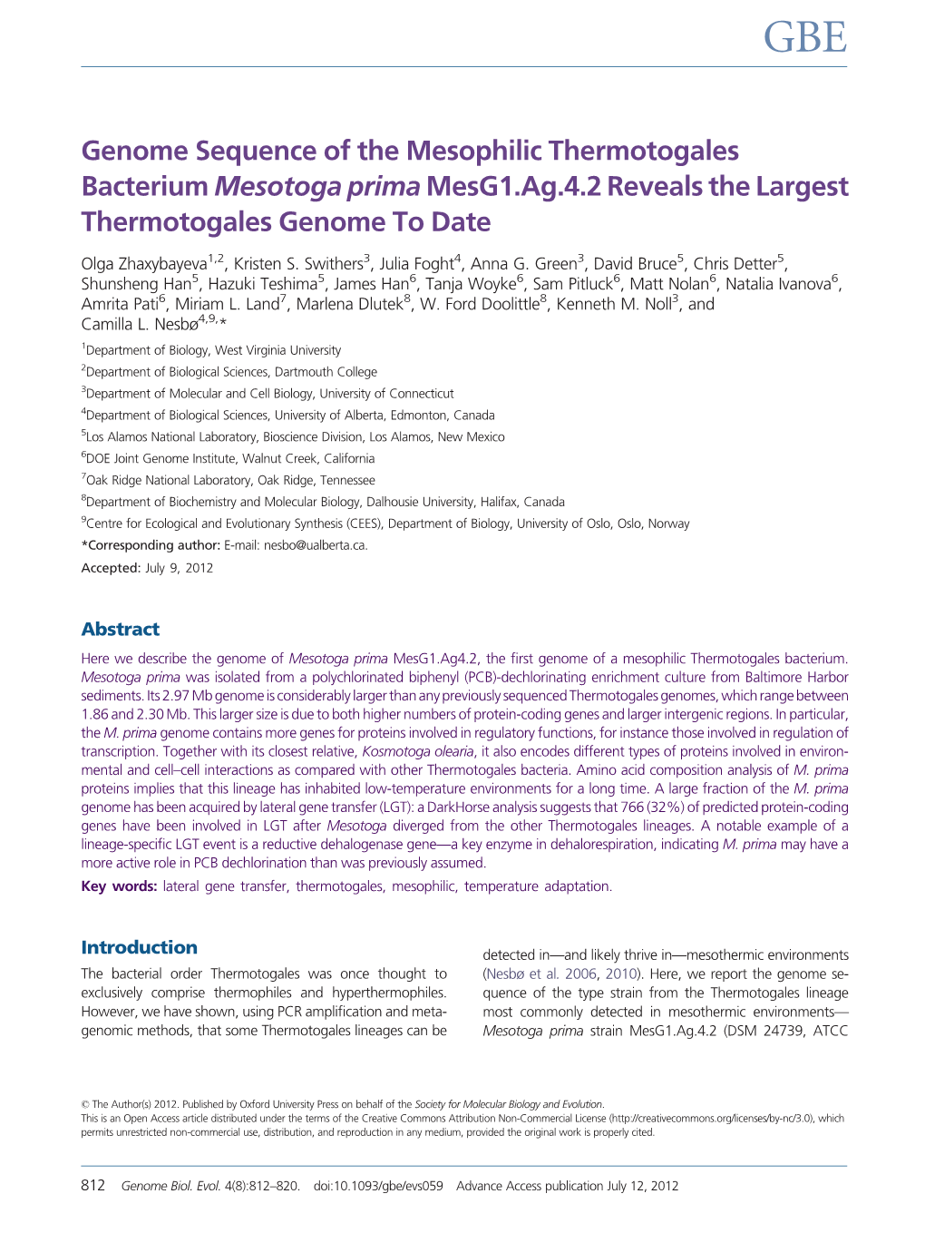 Genome Sequence of the Mesophilic Thermotogales Bacterium Mesotoga Primamesg1.Ag.4.2 Reveals the Largest Thermotogales Genome To