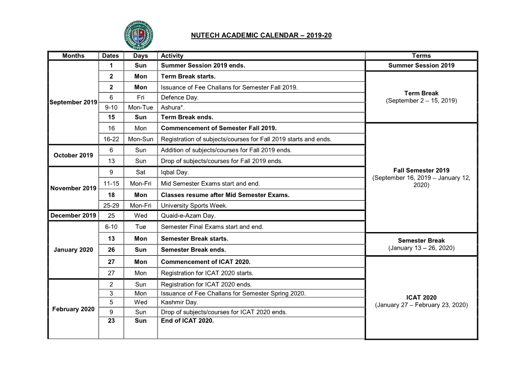 Nutech Academic Calendar – 2019-20