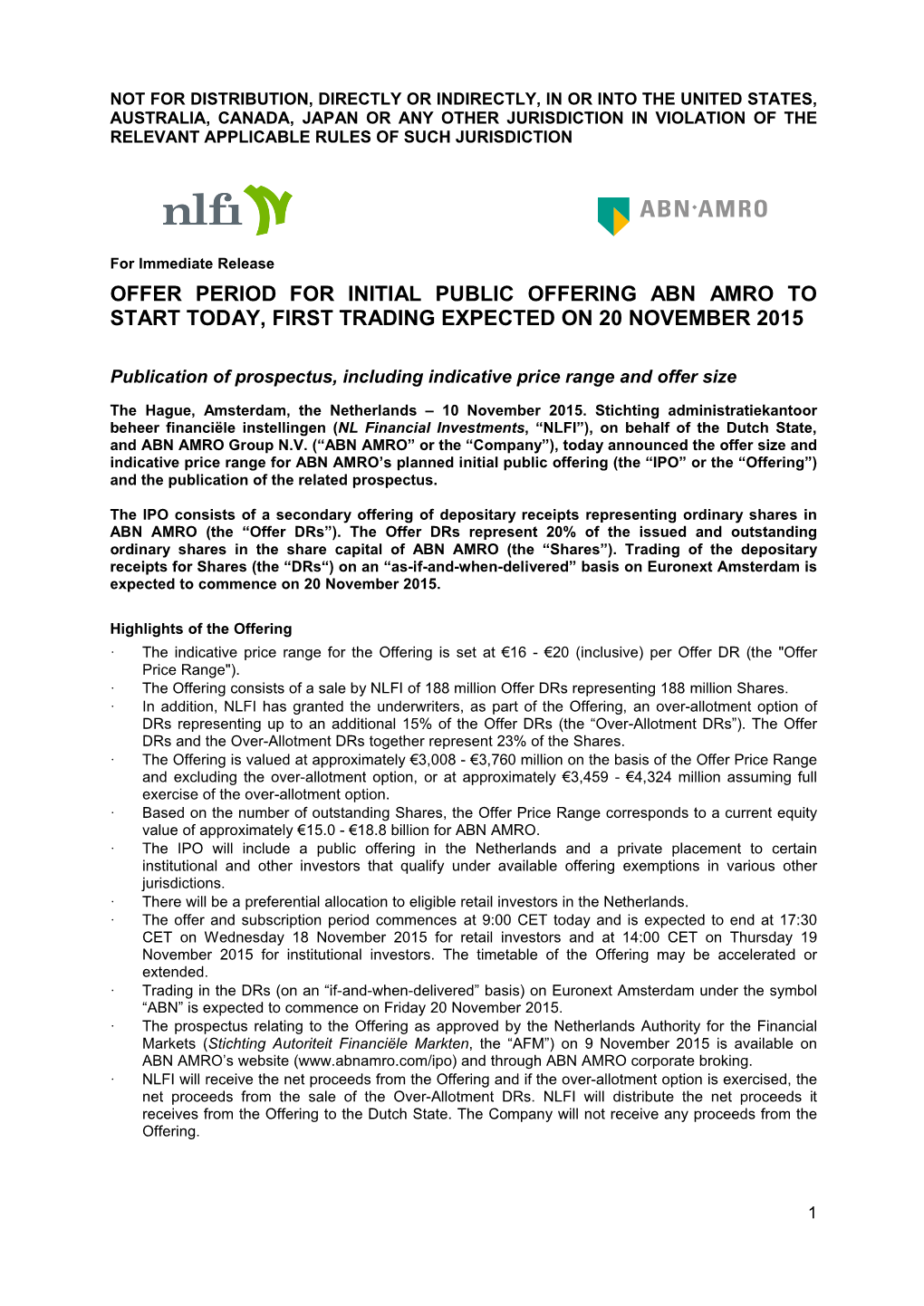 Press Release Publication Prospectus ABN AMRO