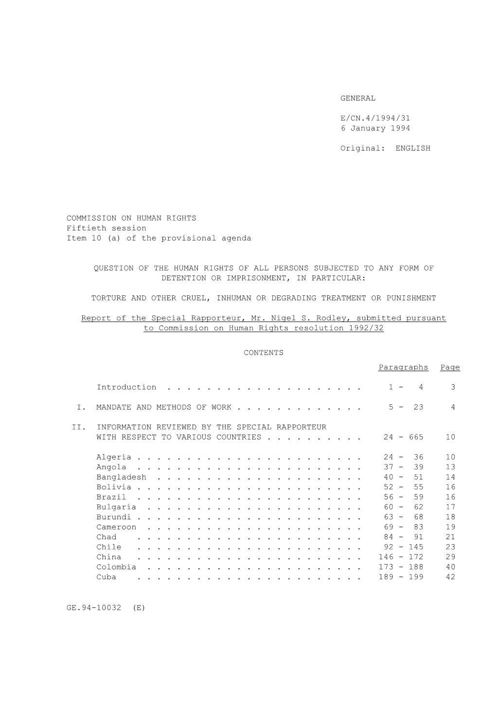 GENERAL E/CN.4/1994/31 6 January 1994 Original: ENGLISH