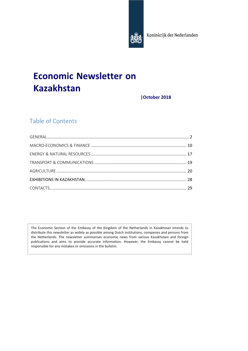 Economic Newsletter on Kazakhstan Appears Every Month and Is Distributed by E-Mail