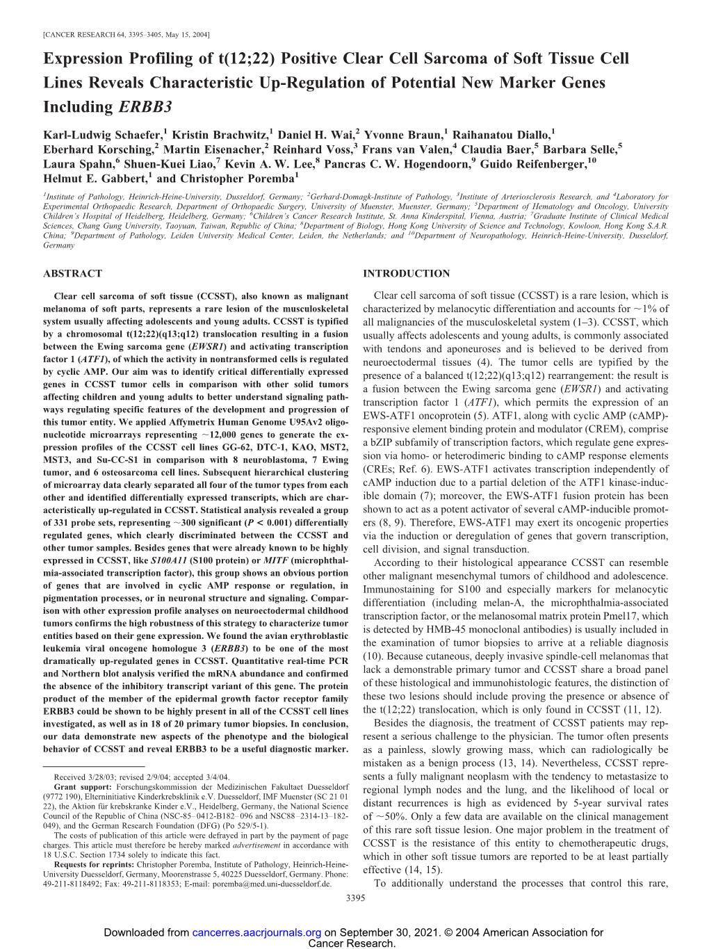 Positive Clear Cell Sarcoma of Soft Tissue Cell Lines Reveals Characteristic Up-Regulation of Potential New Marker Genes Including ERBB3