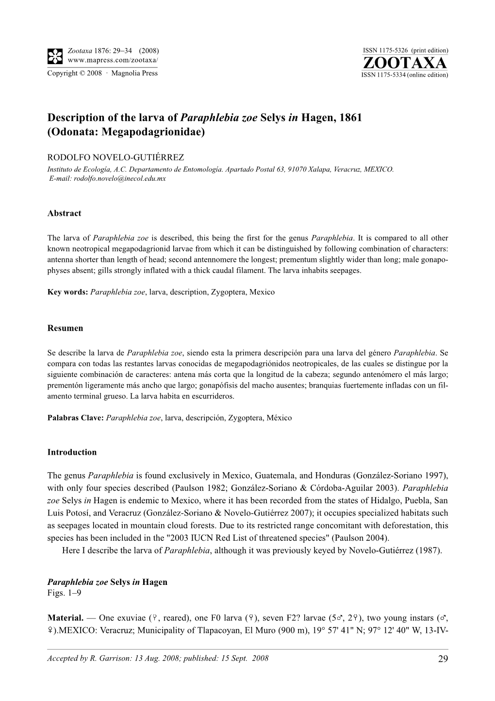 Zootaxa, Description of the Larva of Paraphlebia Zoe Selys in Hagen