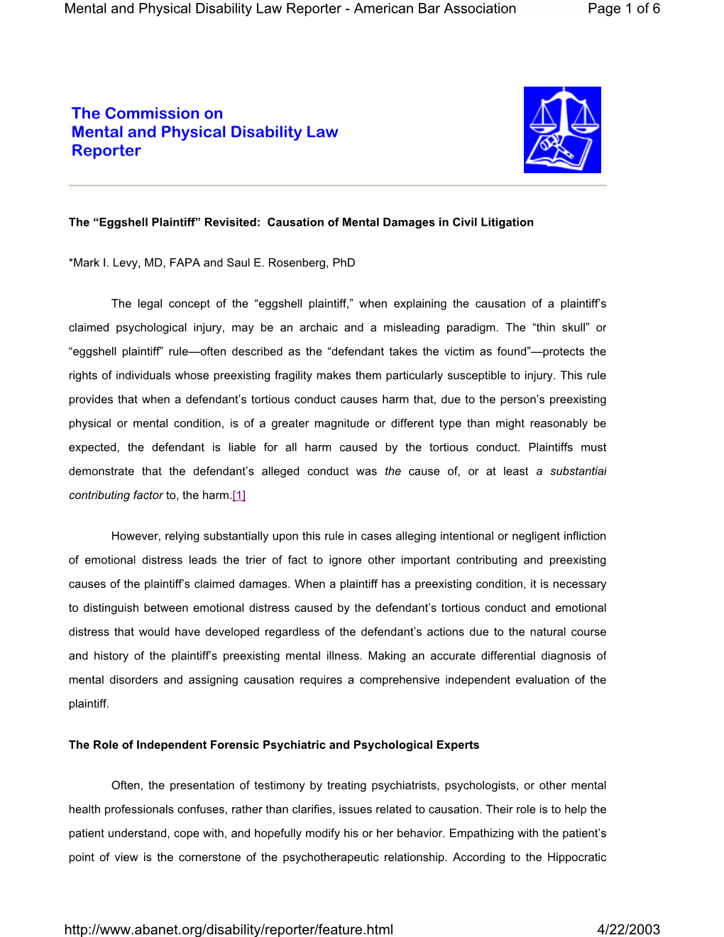 Eggshell Plaintiff” Revisited: Causation of Mental Damages in Civil Litigation