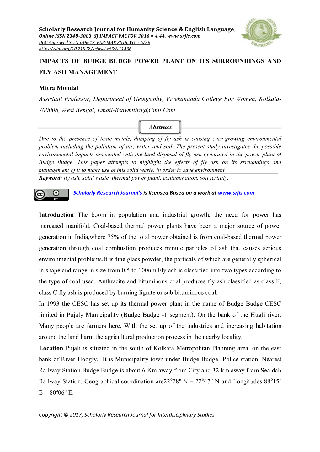 Impacts of Budge Budge Power Plant on Its Surroundings and Fly Ash Management